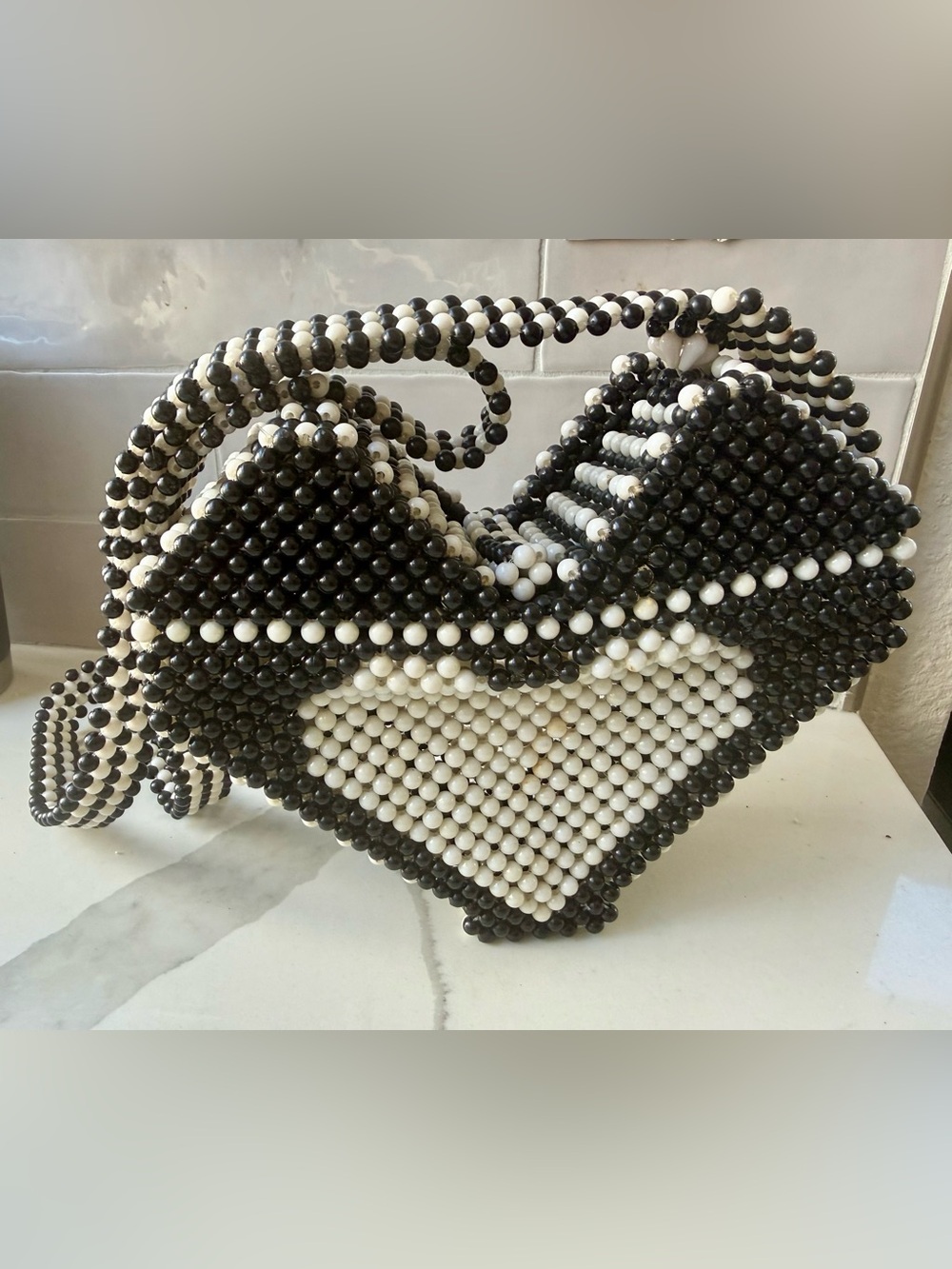 Hand beaded black & white acrylic handbag
